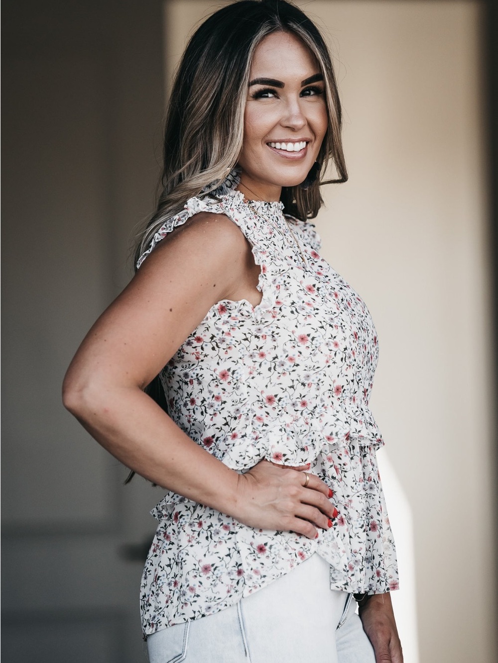 Floral Ruffle Sleeve Smocked Neck Blouse - White/Pink - Picture 2 of 3